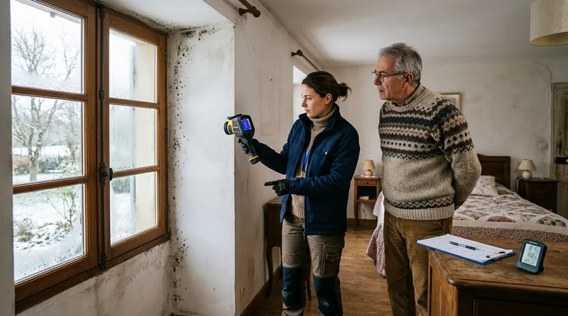 Spécialiste mesurant l'humidité d'un mur dans le Aube